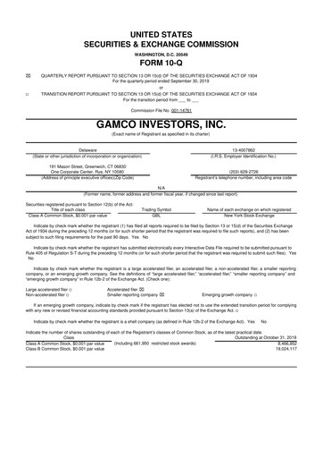 Thumbnail GAMCO Investors
 10-Q Quarterly Report FY2019 