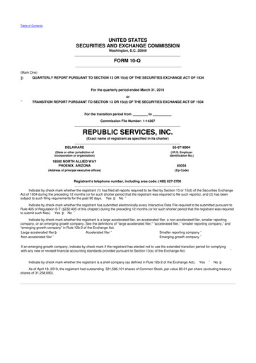 Thumbnail Republic Services
 10-Q Quarterly Report FY2019 