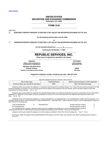 Thumbnail Republic Services
 10-Q Quarterly Report FY2026 