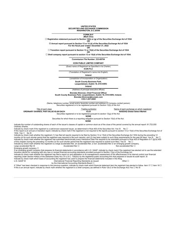 Miniature ICON plc 20-F Rapport annuel 2022