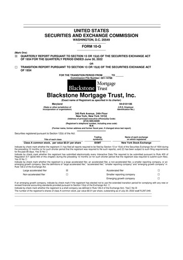 Miniature Blackstone Mortgage Trust
 10-Q Rapport trimestriel 2022 