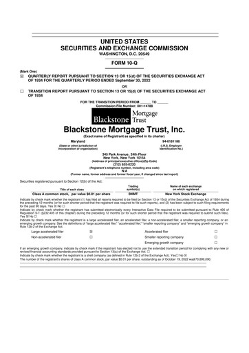 Miniature Blackstone Mortgage Trust
 10-Q Rapport trimestriel 2022 