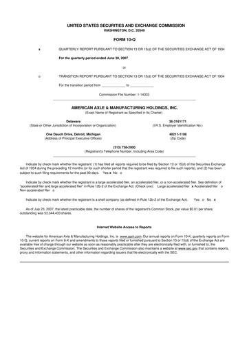 Thumbnail American Axle & Manufacturing 10-Q Quarterly Report FY 