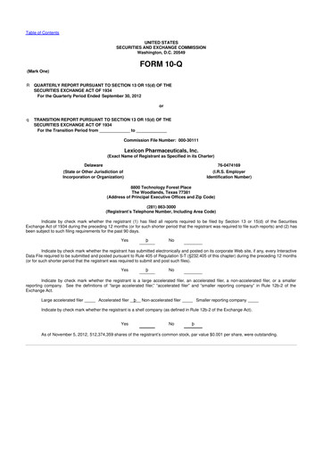Thumbnail Lexicon Pharmaceuticals
 10-Q Quarterly Report FY 