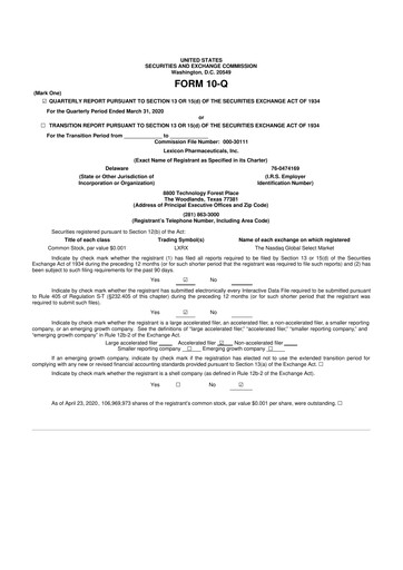 Thumbnail Lexicon Pharmaceuticals
 10-Q Quarterly Report FY 