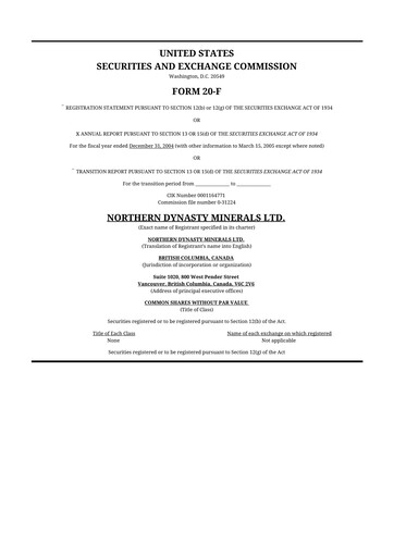 Thumbnail Northern Dynasty Minerals 20-F Annual Report 