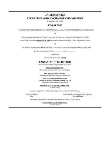 Thumbnail Taseko Mines
 20-F Annual Report 