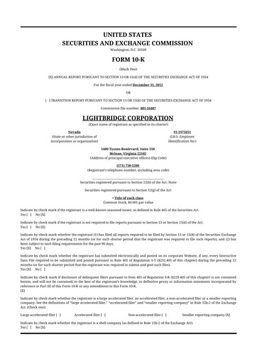 Thumbnail Lightbridge Corporation 10-K Annual Report 2012
