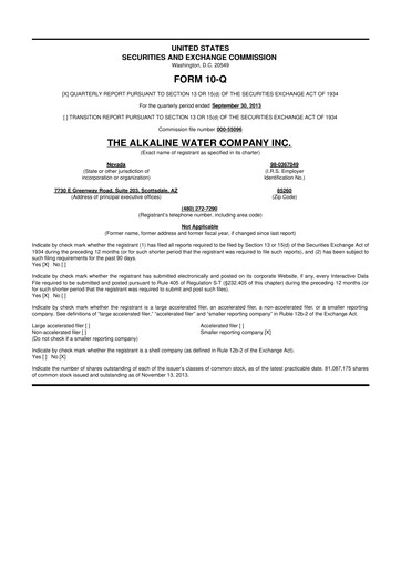 Thumbnail Alkaline Water Company 10-Q Quarterly Report FY2014 