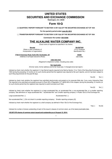 Thumbnail Alkaline Water Company 10-Q Quarterly Report FY2014 