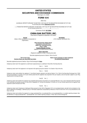 Miniature CBAK Energy Technology 10-K Rapport annuel 2014