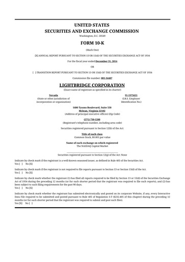 Thumbnail Lightbridge Corporation 10-K Annual Report 2014