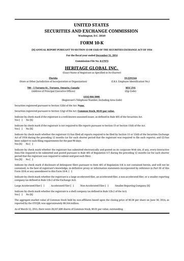 Thumbnail Heritage Global 10-K Annual Report 2014