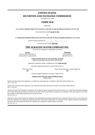 Thumbnail Alkaline Water Company 10-K Annual Report 2015