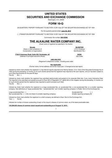 Thumbnail Alkaline Water Company 10-Q Quarterly Report FY2015 