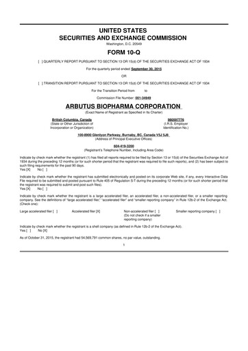 Thumbnail Arbutus Biopharma
 10-Q Quarterly Report FY 