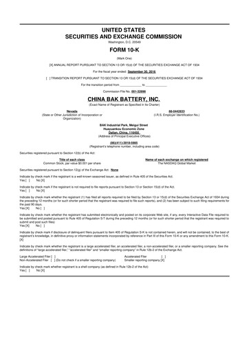 Miniature CBAK Energy Technology 10-K Rapport annuel 2016