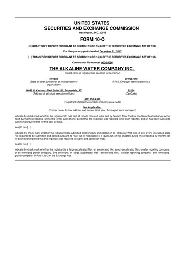 Thumbnail Alkaline Water Company 10-Q Quarterly Report FY2018 