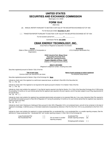 Miniature CBAK Energy Technology 10-K Rapport annuel 2017