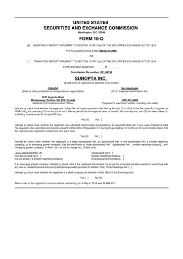 Thumbnail SunOpta 10-Q Quarterly Report FY2018 