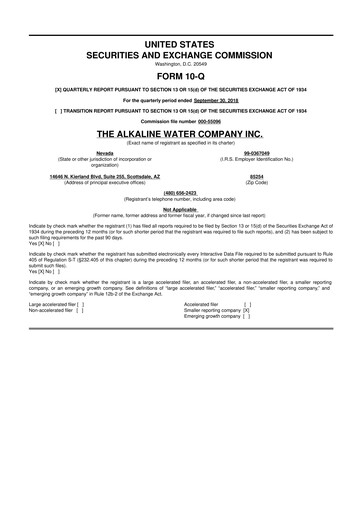 Thumbnail Alkaline Water Company 10-Q Quarterly Report FY2019 