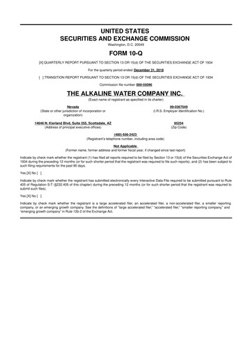 Thumbnail Alkaline Water Company 10-Q Quarterly Report FY2019 