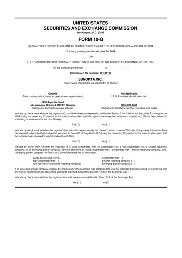 Thumbnail SunOpta 10-Q Quarterly Report FY2019 