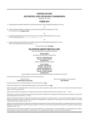 Thumbnail Platinum Group Metals
 20-F Annual Report 2019