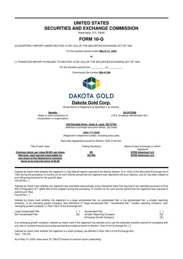 Miniature Dakota Gold 10-Q Rapport trimestriel  