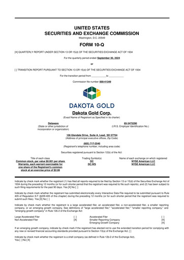 Miniature Dakota Gold 10-Q Rapport trimestriel  