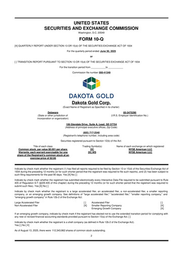 Miniature Dakota Gold 10-Q Rapport trimestriel  