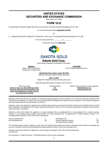 Miniature Dakota Gold 10-Q Rapport trimestriel  
