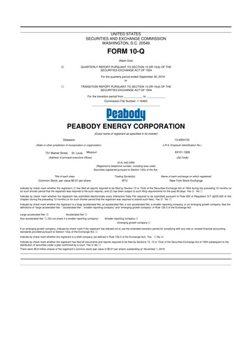 Miniature Peabody Energy
 10-Q Rapport trimestriel 2019 