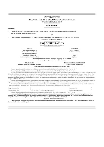 Thumbnail LKQ Corporation 10-K Annual Report 2013