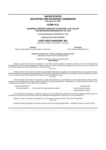 Thumbnail East West Bancorp
 10-Q Quarterly Report FY2018 