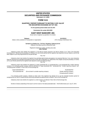 Thumbnail East West Bancorp
 10-Q Quarterly Report FY2018 