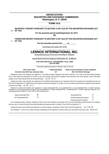 Thumbnail Lennox 10-Q Quarterly Report FY2019 