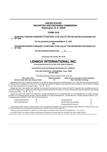 Thumbnail Lennox 10-Q Quarterly Report FY2021 