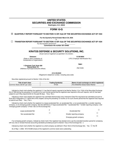 Thumbnail Kratos Defense & Security Solutions 10-Q Quarterly Report FY 