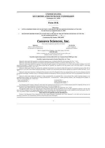 Thumbnail Cassava Sciences
 10-K Annual Report 2018