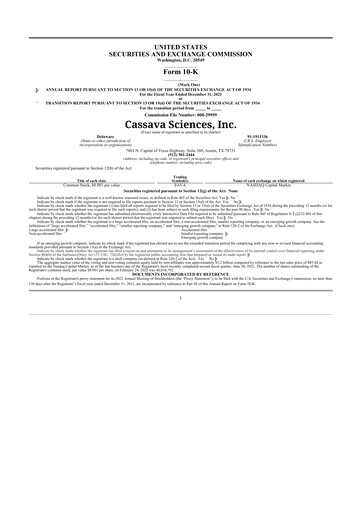 Thumbnail Cassava Sciences
 10-K Annual Report 2021