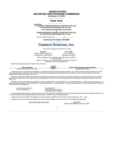 Thumbnail Cassava Sciences
 10-Q Quarterly Report FY2022 