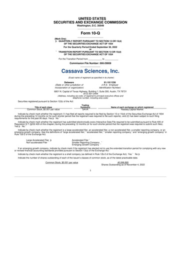Thumbnail Cassava Sciences
 10-Q Quarterly Report FY2022 