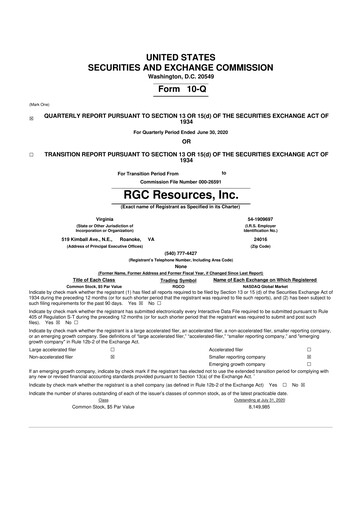 Thumbnail RGC Resources 10-Q Quarterly Report FY 