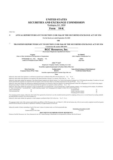 Thumbnail RGC Resources 10-K Annual Report 2020