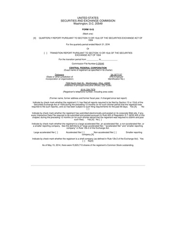 Miniature CF Bankshares 10-Q Rapport trimestriel 2014 