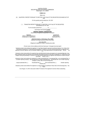 Miniature CF Bankshares 10-Q Rapport trimestriel 2015 