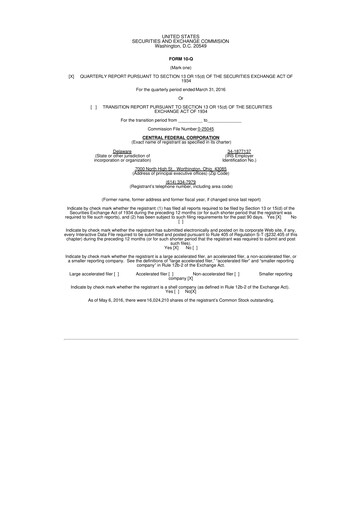 Miniature CF Bankshares 10-Q Rapport trimestriel 2016 