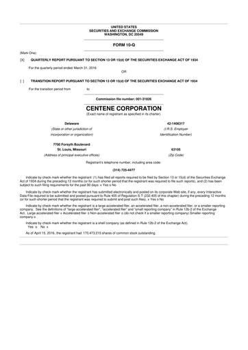 Thumbnail Centene 10-Q Quarterly Report FY2016 