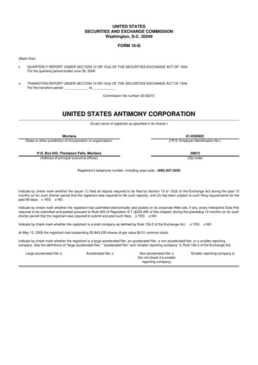 Thumbnail United States Antimony Corporation 10-Q Quarterly Report FY 